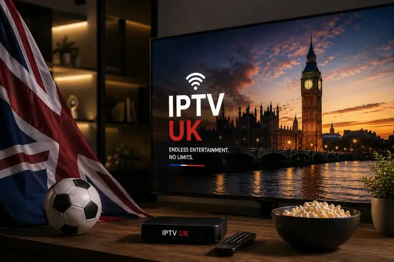 IPTV subscription UK streaming on a Smart TV with an IPTV box, remote and popcorn in a British living room