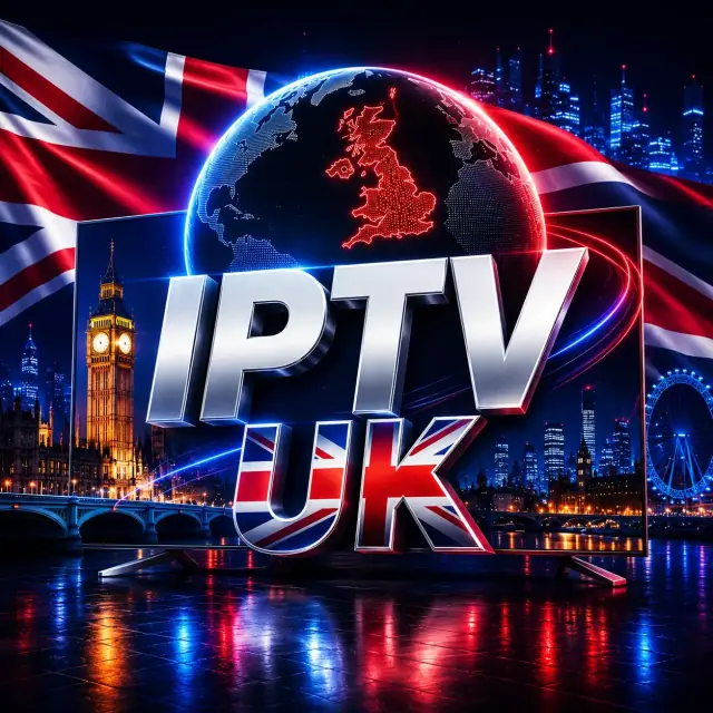 IPTV UK logo over a Union Jack flag, Big Ben, the London Eye and a globe highlighting the United Kingdom