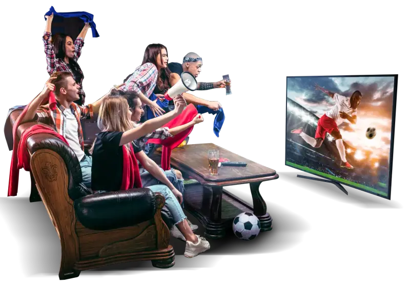 Friends cheering while watching live football on a large TV with an IPTV UK subscription